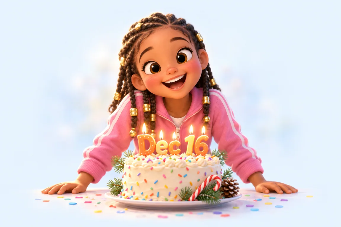 Cartoon birthday scene for December 16: a child behind a cake whose candles spell the date
