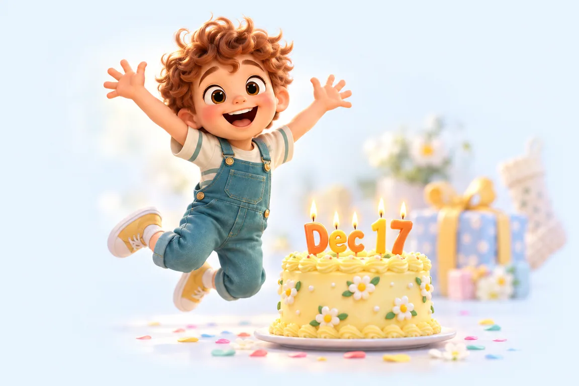 Cartoon birthday scene for December 17: a child behind a cake whose candles spell the date
