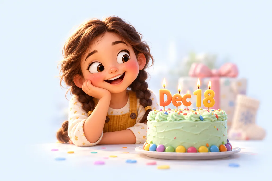 Cartoon birthday scene for December 18: a child behind a cake whose candles spell the date