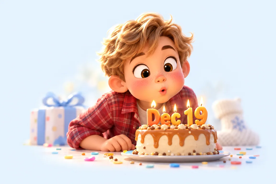 Cartoon birthday scene for December 19: a child behind a cake whose candles spell the date
