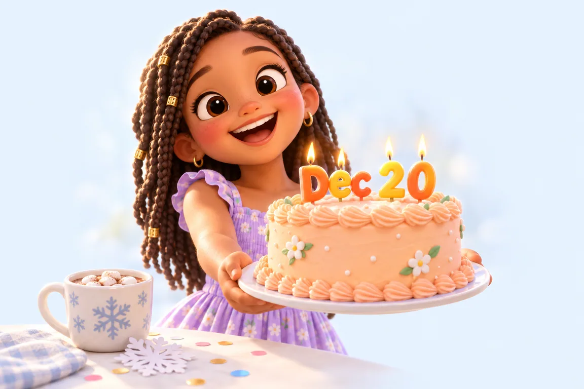 Cartoon birthday scene for December 20: a child behind a cake whose candles spell the date