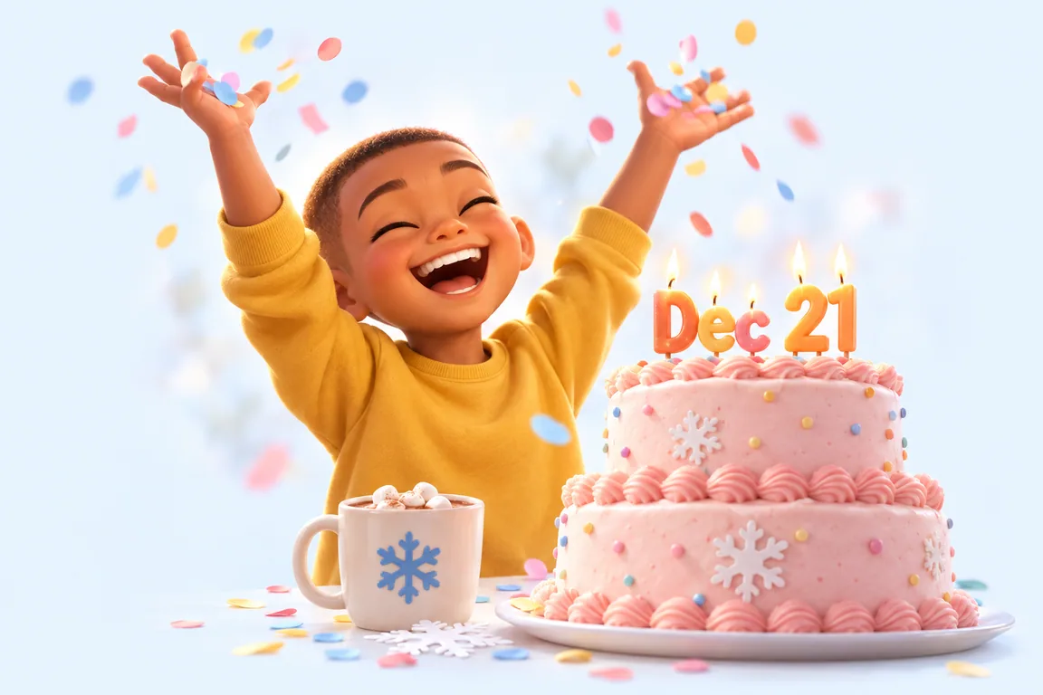 Cartoon birthday scene for December 21: a child behind a cake whose candles spell the date
