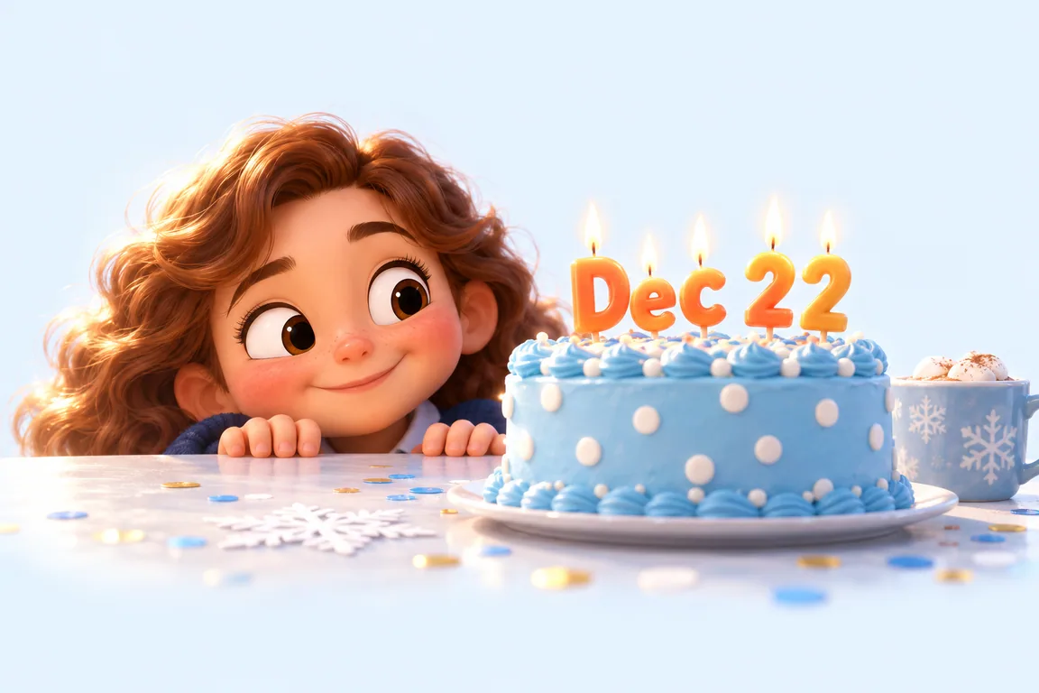Cartoon birthday scene for December 22: a child behind a cake whose candles spell the date
