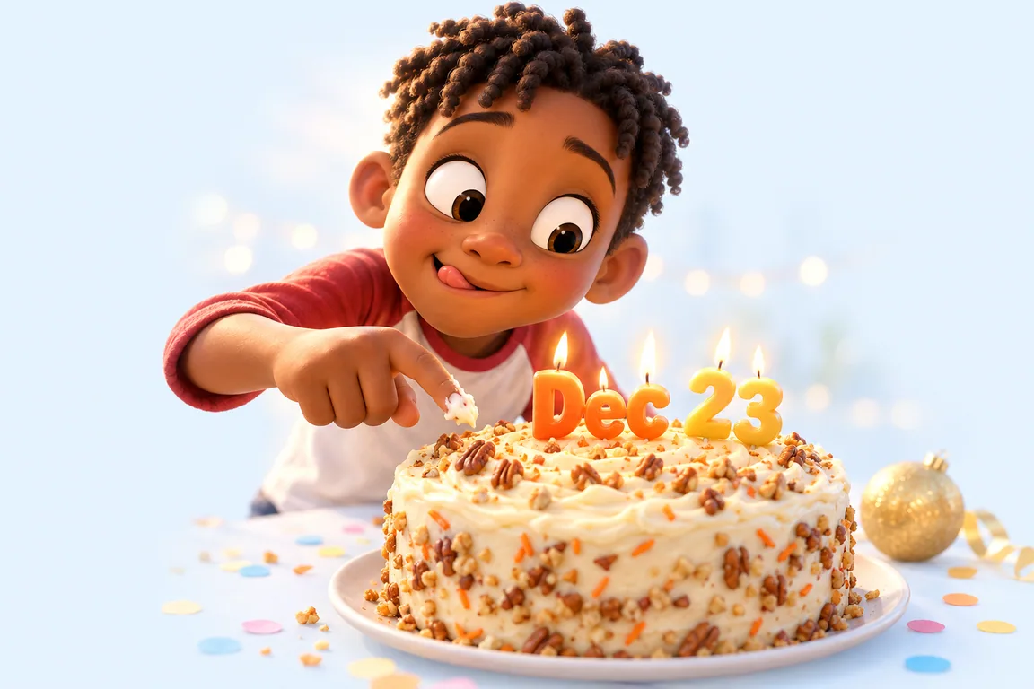 Cartoon birthday scene for December 23: a child behind a cake whose candles spell the date
