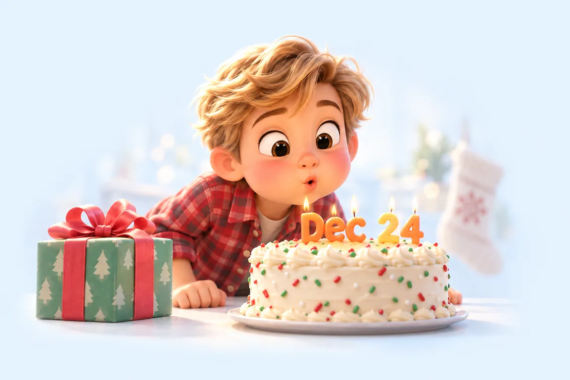 Cartoon birthday scene for December 24: a child behind a cake whose candles spell the date