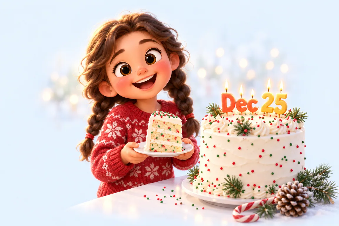 Cartoon birthday scene for December 25: a child behind a cake whose candles spell the date