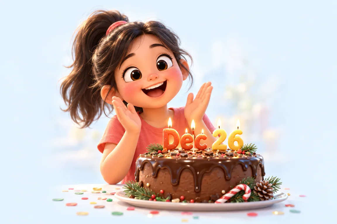 Cartoon birthday scene for December 26: a child behind a cake whose candles spell the date