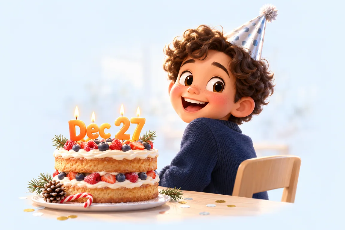 Cartoon birthday scene for December 27: a child behind a cake whose candles spell the date