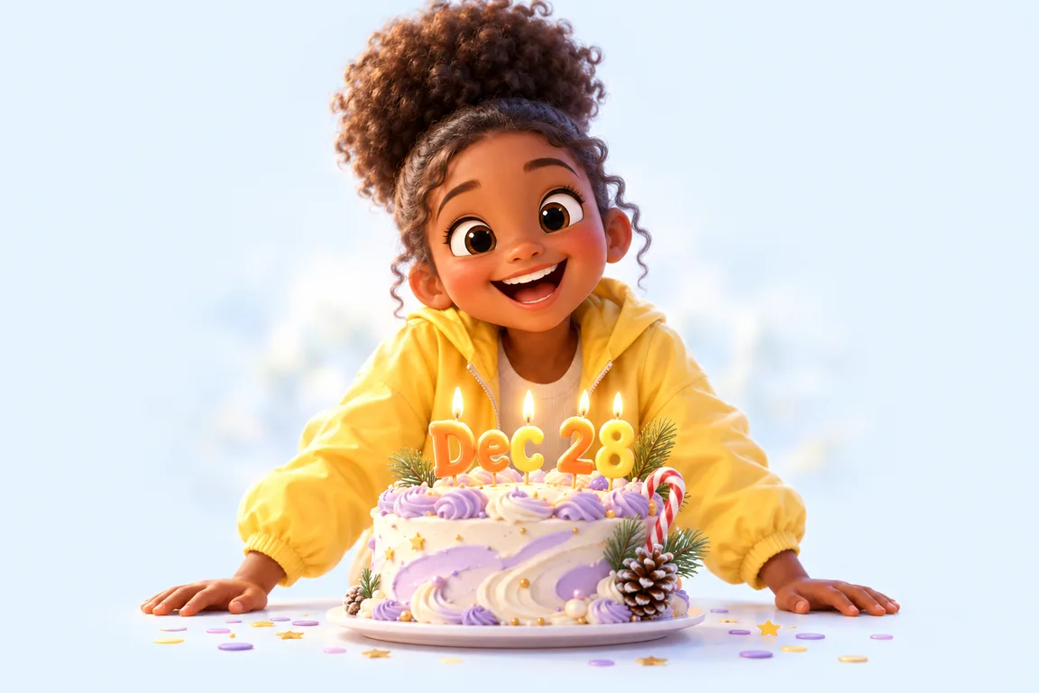 Cartoon birthday scene for December 28: a child behind a cake whose candles spell the date