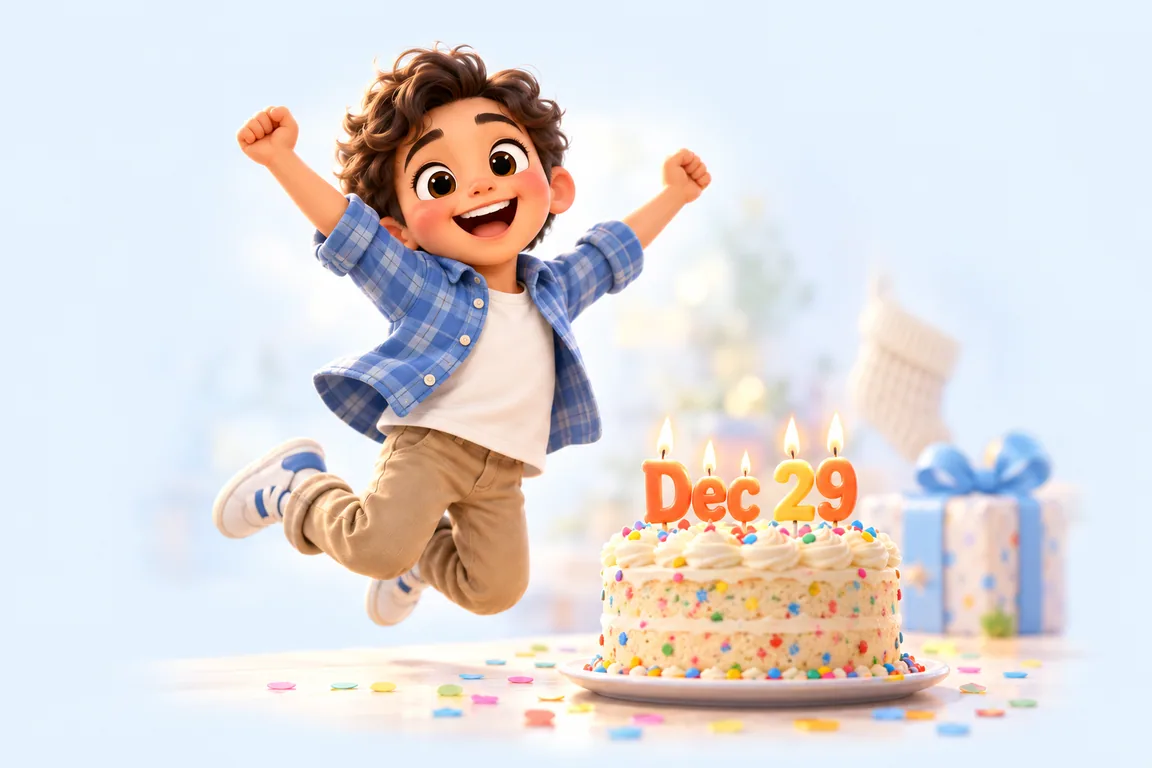 Cartoon birthday scene for December 29: a child behind a cake whose candles spell the date