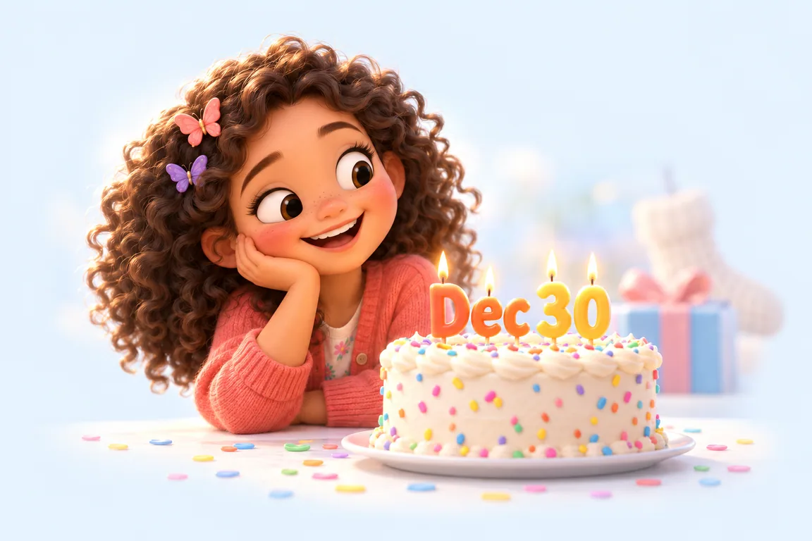 Cartoon birthday scene for December 30: a child behind a cake whose candles spell the date