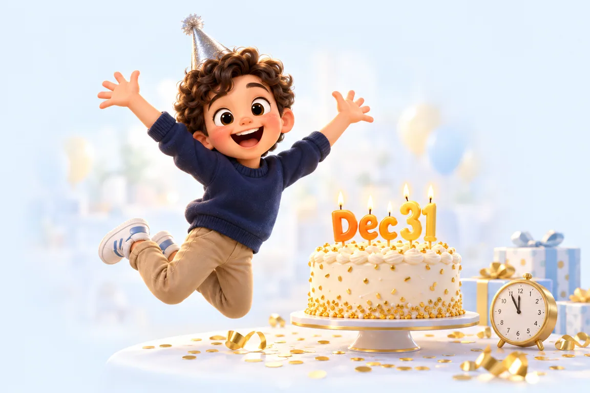 Cartoon birthday scene for December 31: a child behind a cake whose candles spell the date
