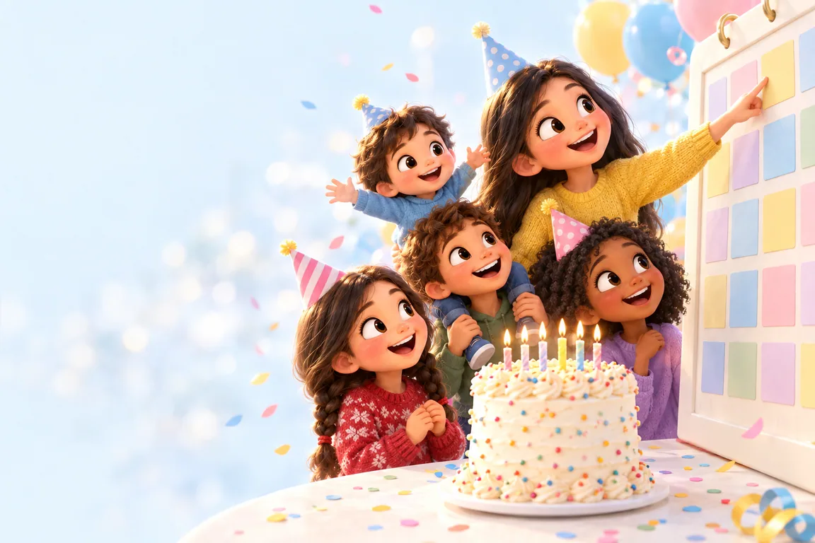 Children in party hats crowding around a giant wall calendar beside a birthday cake