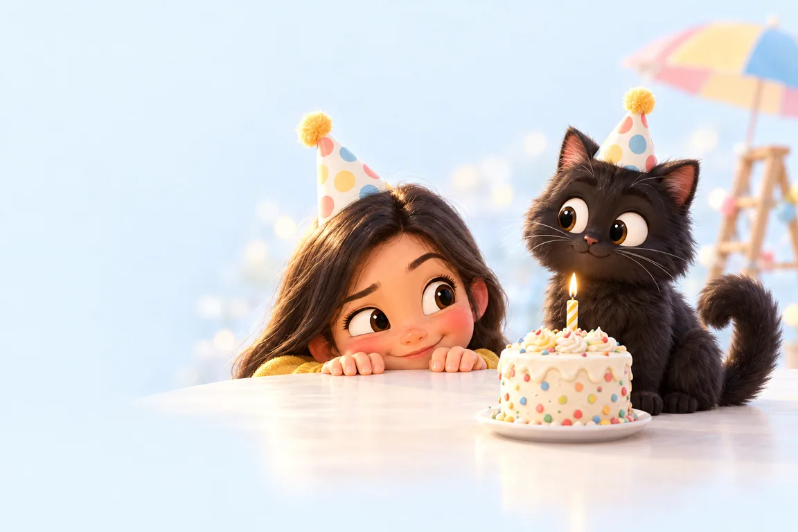 A black cat sitting on a table next to a birthday cake while a child peeks over the edge