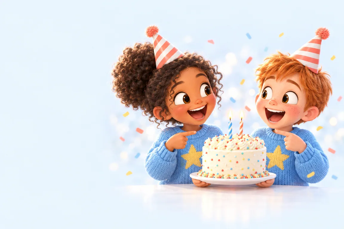 A girl and a boy in matching star sweaters and party hats point at each other over one shared birthday cake
