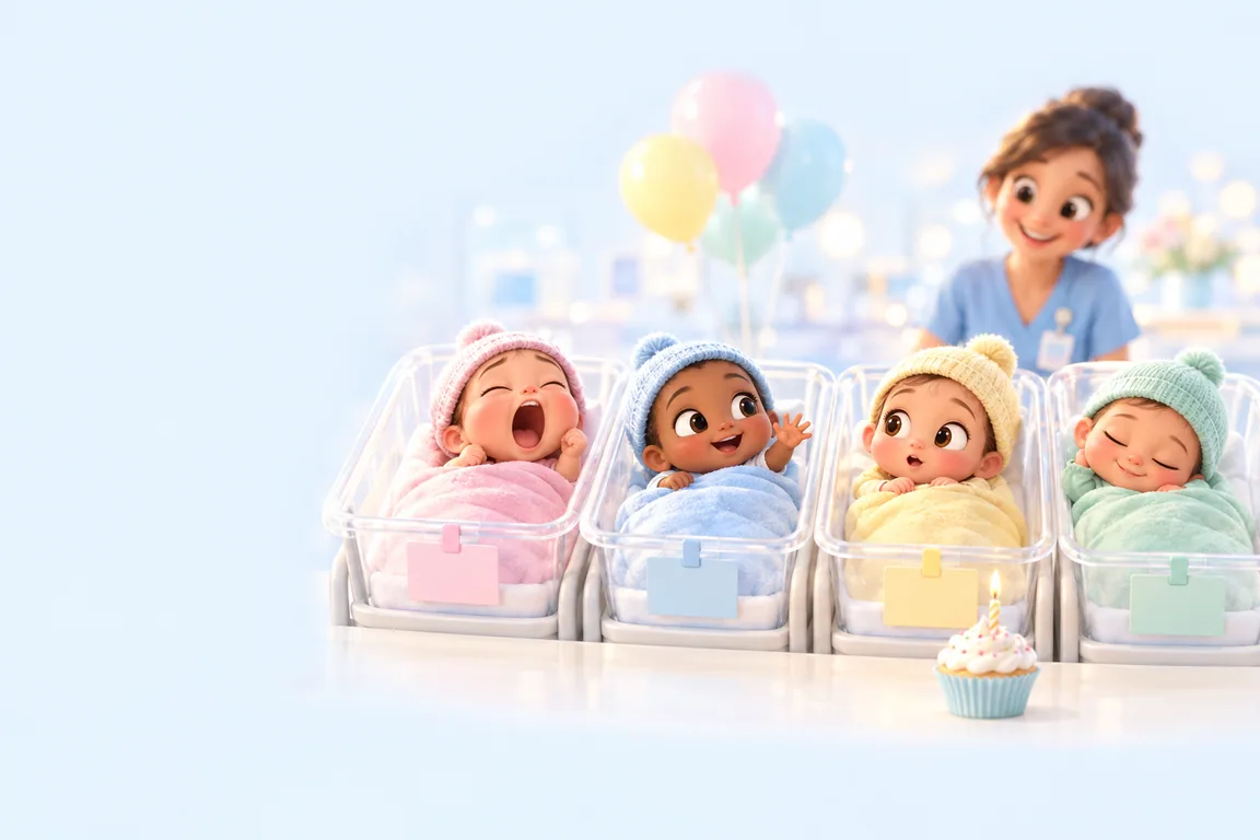 Four newborns in knitted caps in a row of clear hospital bassinets, one yawning and one waving, a nurse smiling behind them and a cupcake with one candle in front