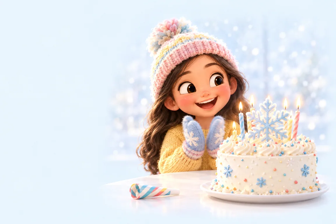 Cartoon birthday scene for January: a child behind a cake dressed for the season