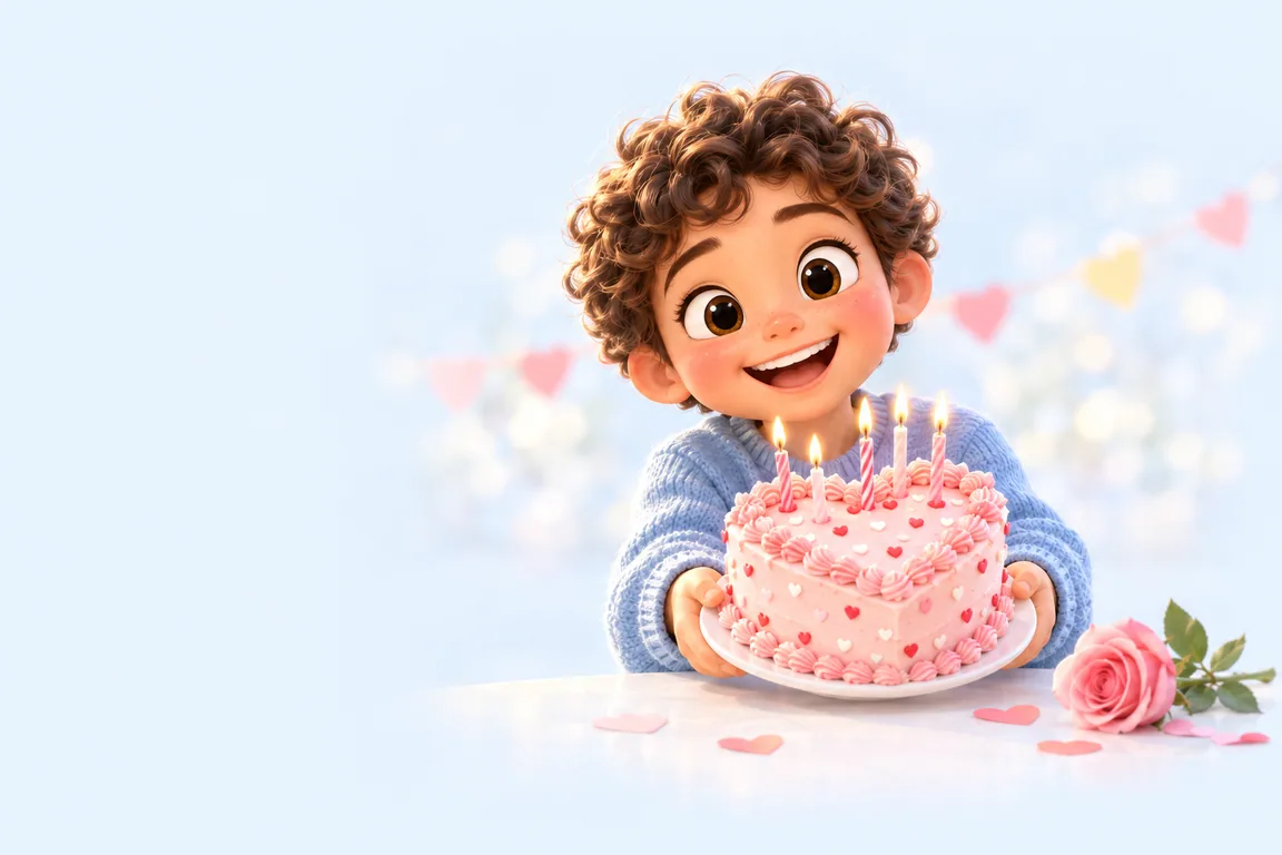 Cartoon birthday scene for February: a child behind a cake dressed for the season