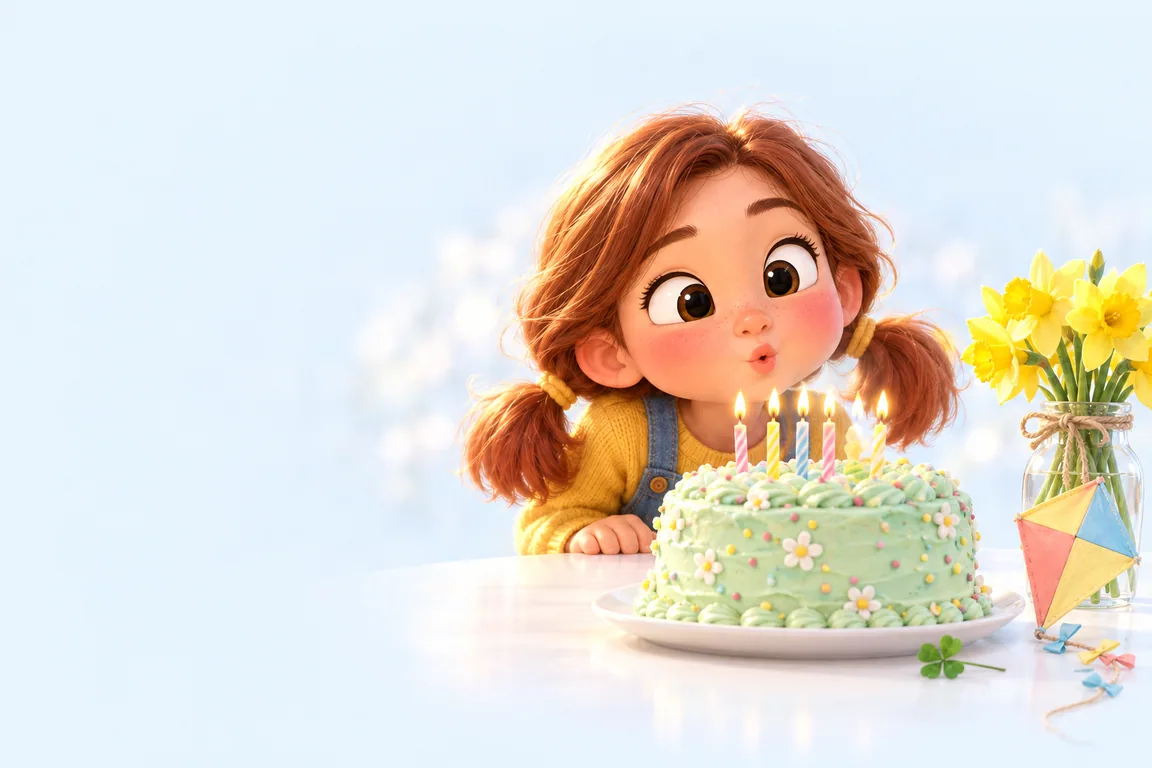 Cartoon birthday scene for March: a child behind a cake dressed for the season