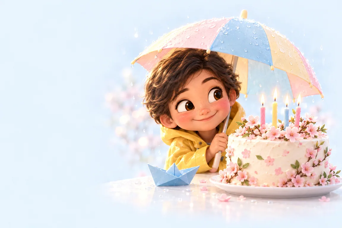 Cartoon birthday scene for April: a child behind a cake dressed for the season