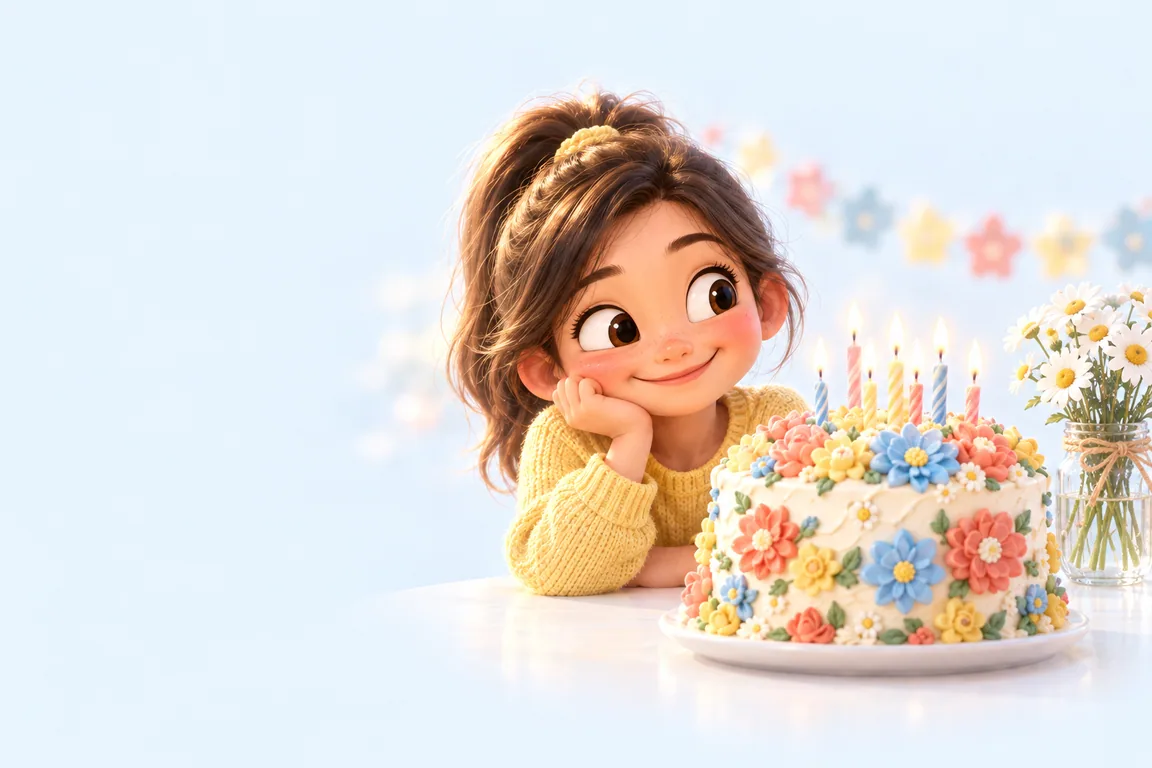 Cartoon birthday scene for May: a child behind a cake dressed for the season
