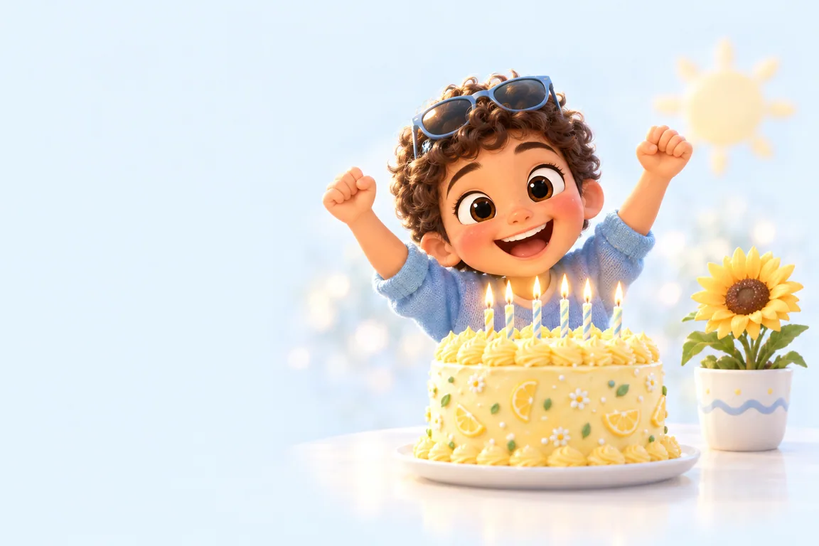 Cartoon birthday scene for June: a child behind a cake dressed for the season