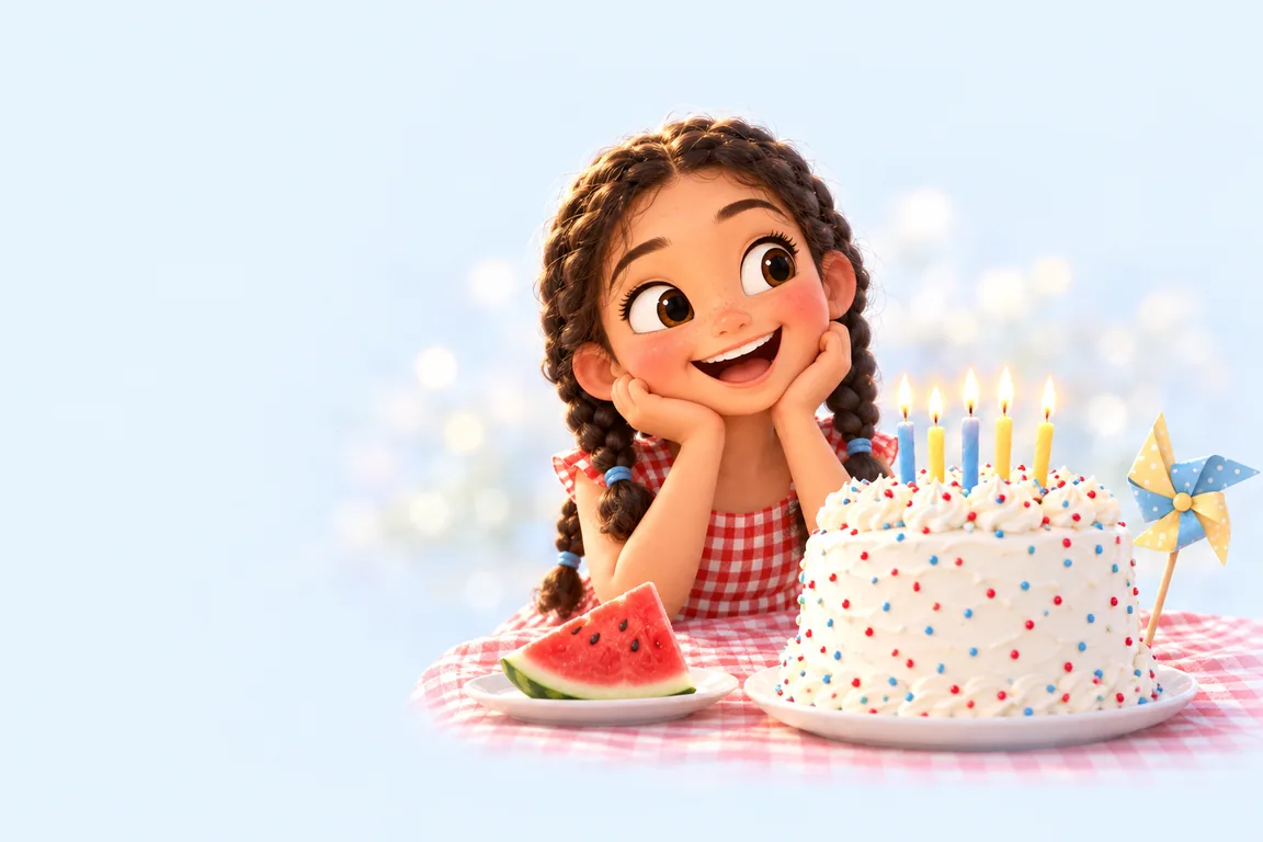 Cartoon birthday scene for July: a child behind a cake dressed for the season