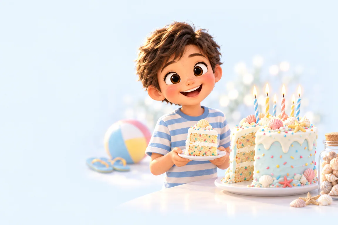 Cartoon birthday scene for August: a child behind a cake dressed for the season