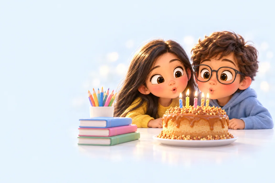 Cartoon birthday scene for September: a child behind a cake dressed for the season