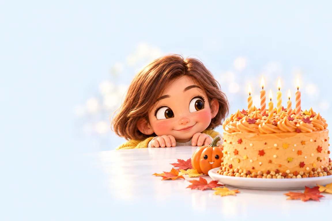 Cartoon birthday scene for October: a child behind a cake dressed for the season