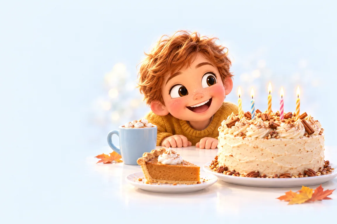 Cartoon birthday scene for November: a child behind a cake dressed for the season