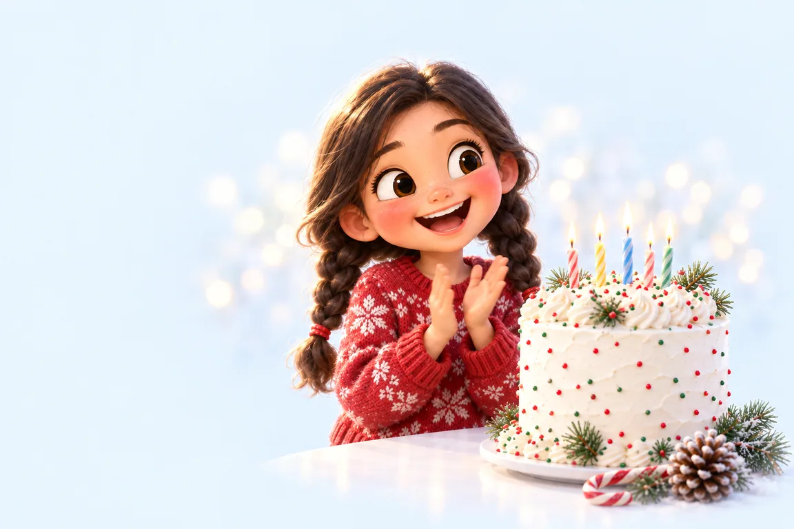 Cartoon birthday scene for December: a child behind a cake dressed for the season