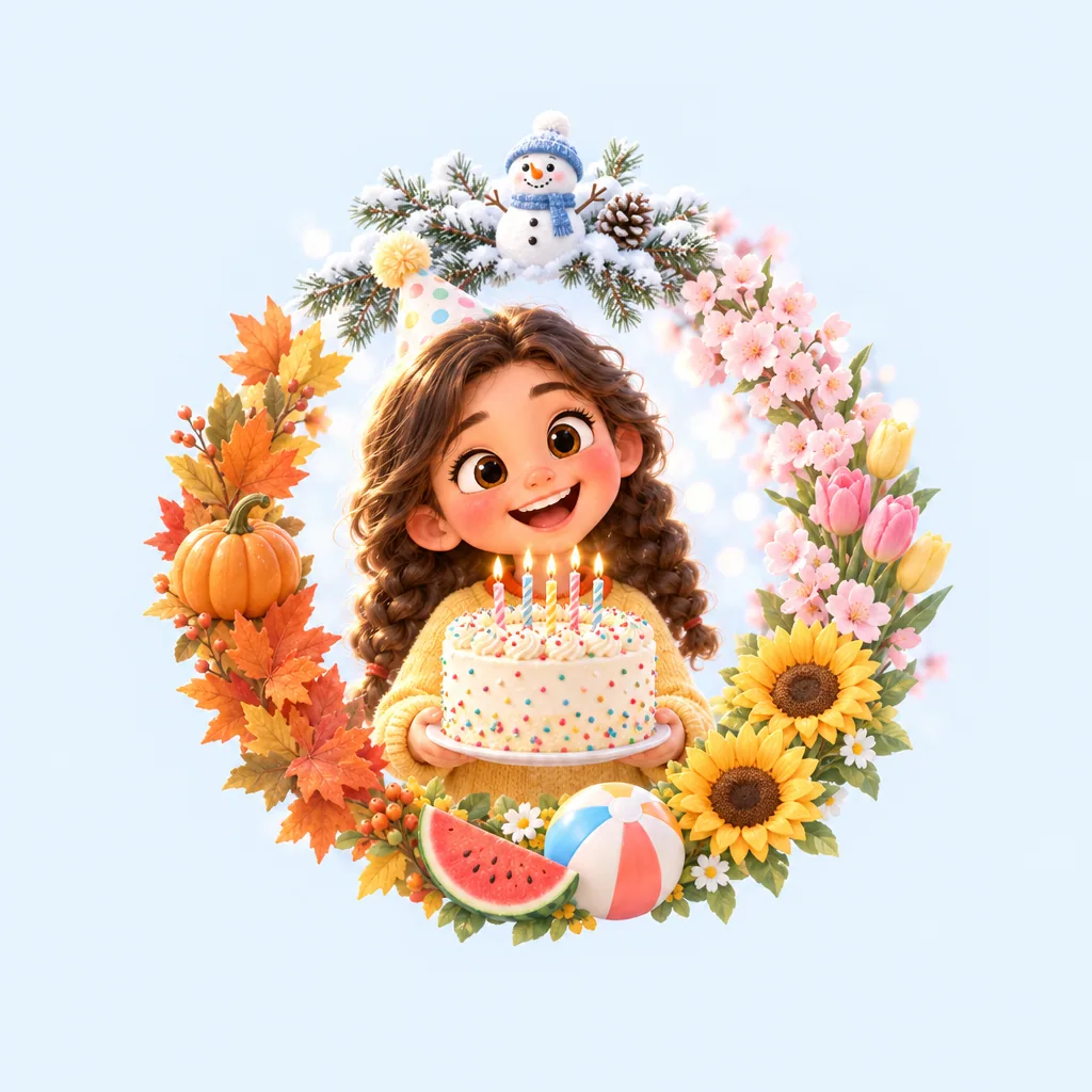 A girl holding a birthday cake inside a wreath of the four seasons