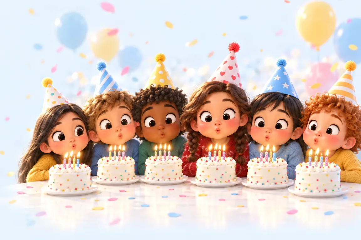 Six children in party hats along one table, each blowing out the candles on an identical birthday cake