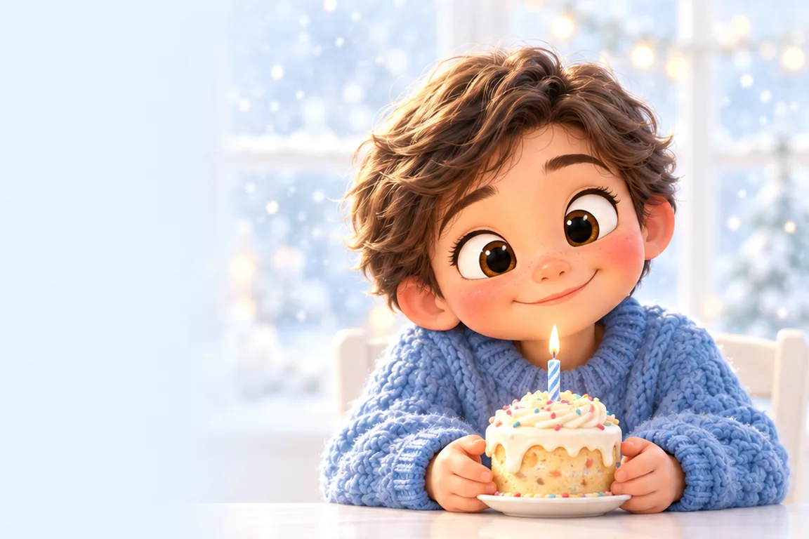 A boy in a knitted sweater alone at a table with a tiny cake with one candle, snow falling outside the window