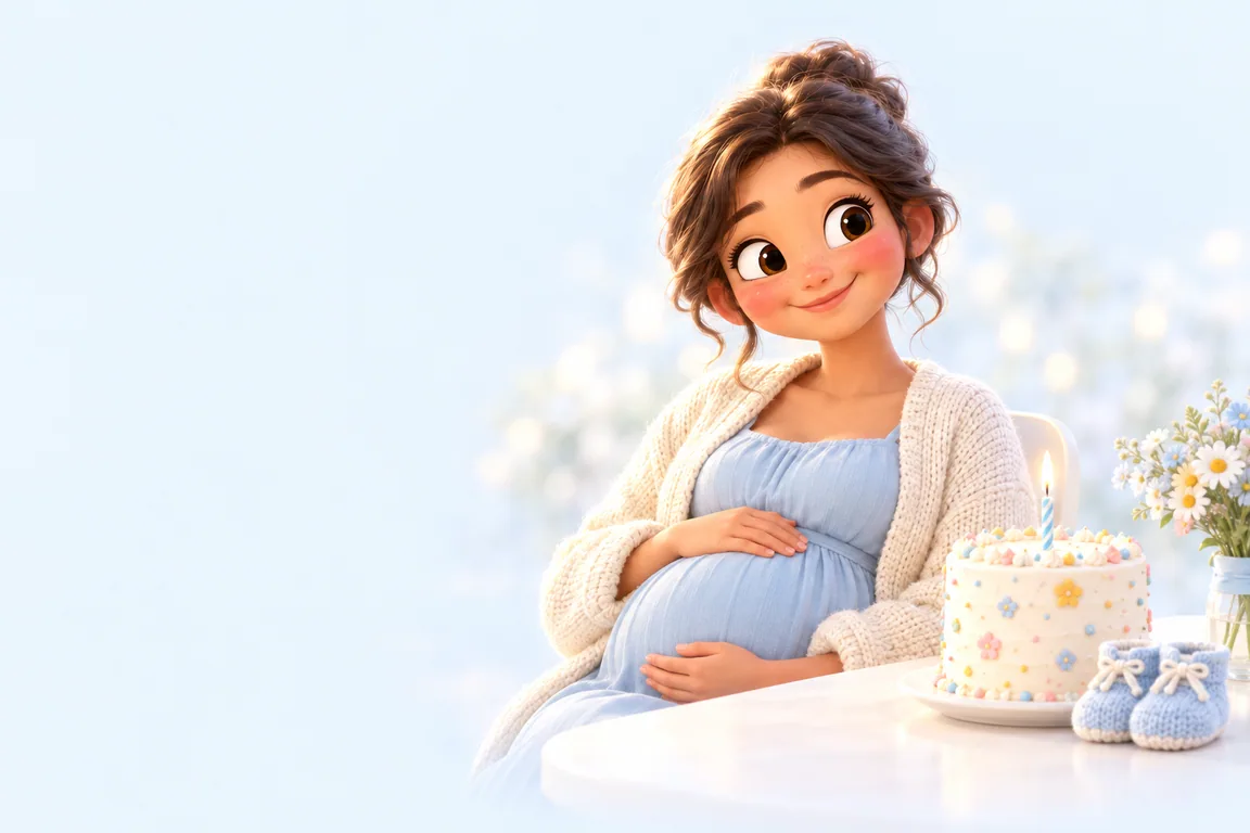 A smiling pregnant woman at a table with a birthday cake and a pair of knitted baby booties