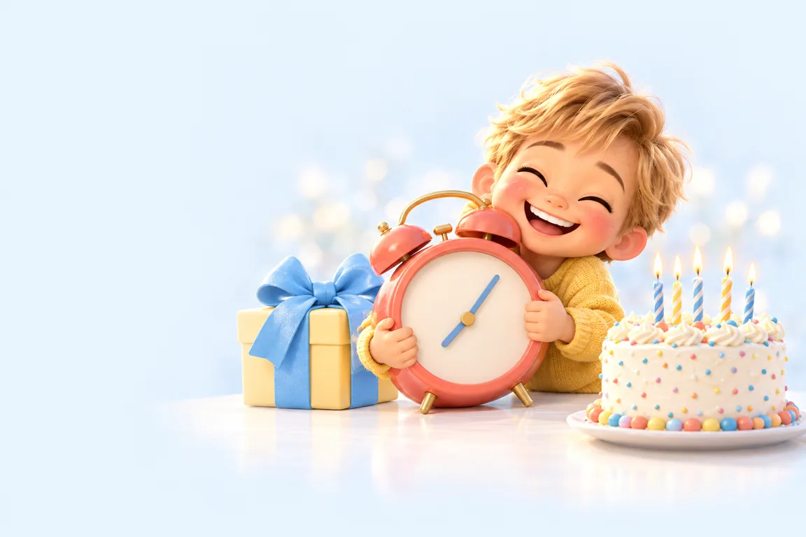A laughing boy hugging a big alarm clock between a wrapped present and a birthday cake