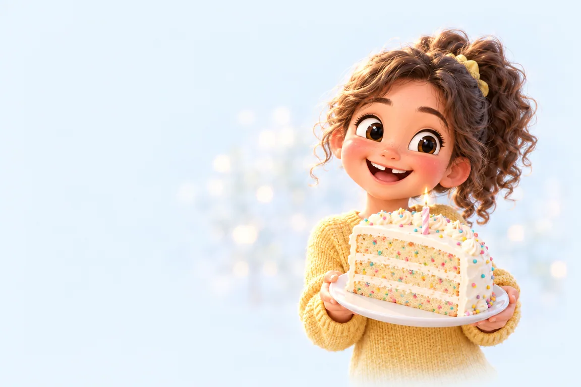 A grinning girl holding up a plate with a slice of birthday cake and one candle