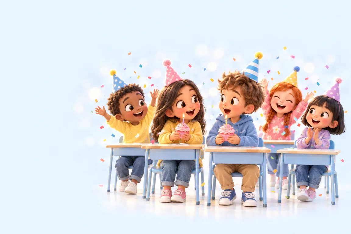 Five children in party hats at classroom desks, two of them holding up a cupcake with one candle