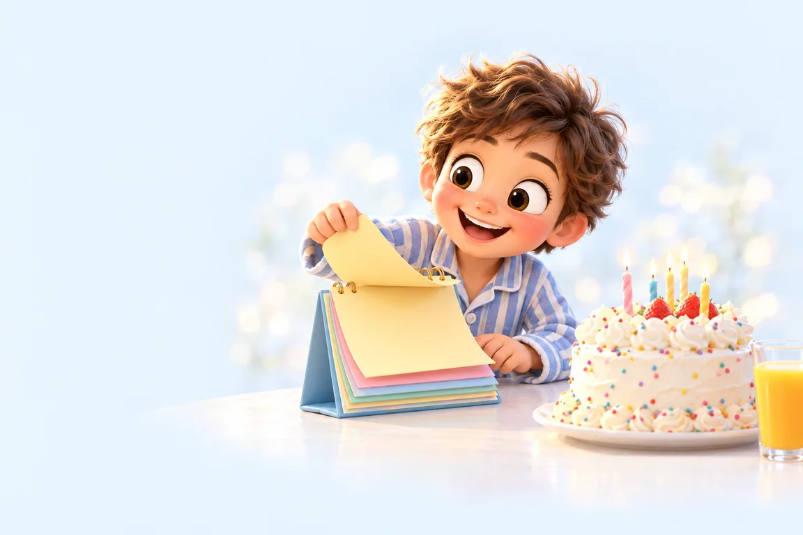 A boy in striped pajamas flipping the pages of a desk calendar beside a birthday cake