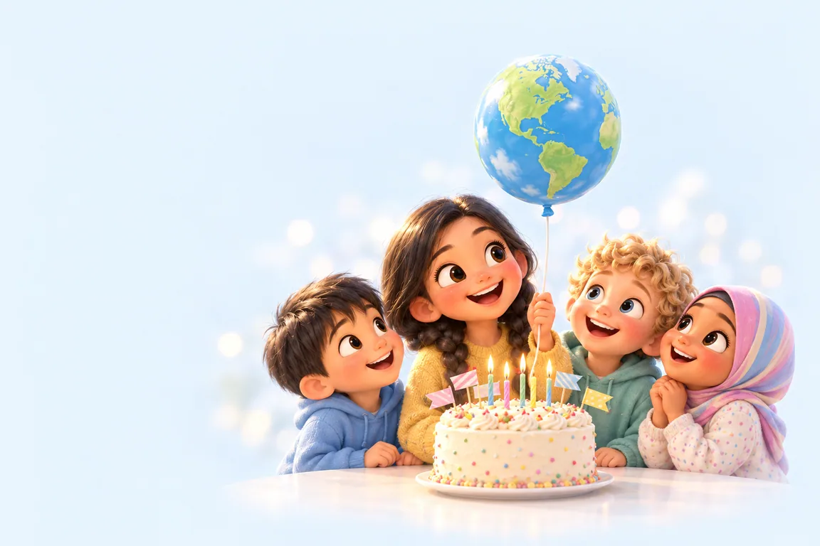 Four children around a birthday cake topped with little flags, one of them holding up a balloon painted as a globe