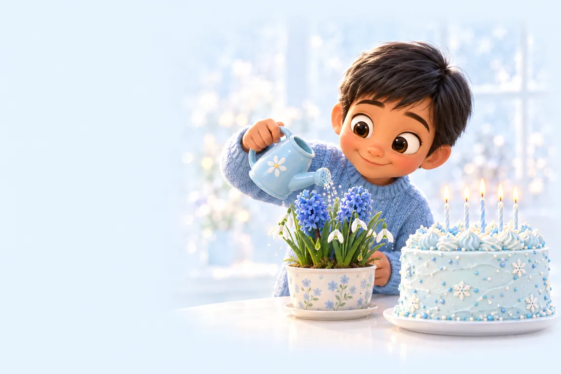 A boy watering hyacinths beside a cake with icy-blue frosting