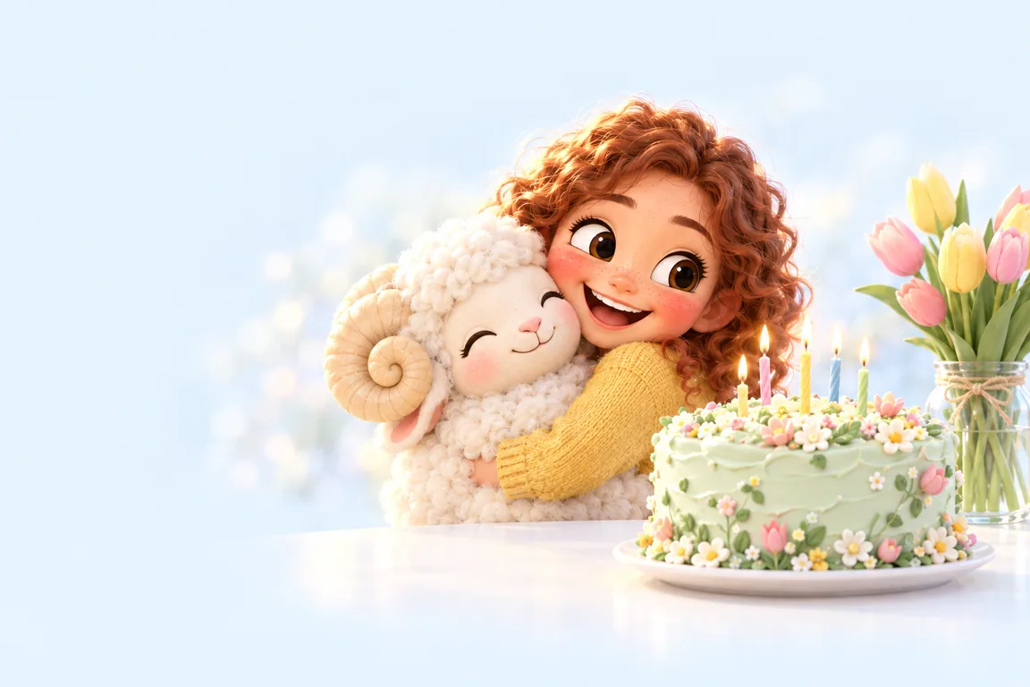 A girl hugging a fluffy toy ram beside a spring birthday cake with lit candles
