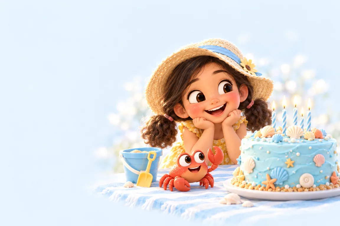A girl giggling at a toy crab beside a cake decorated with sugar seashells