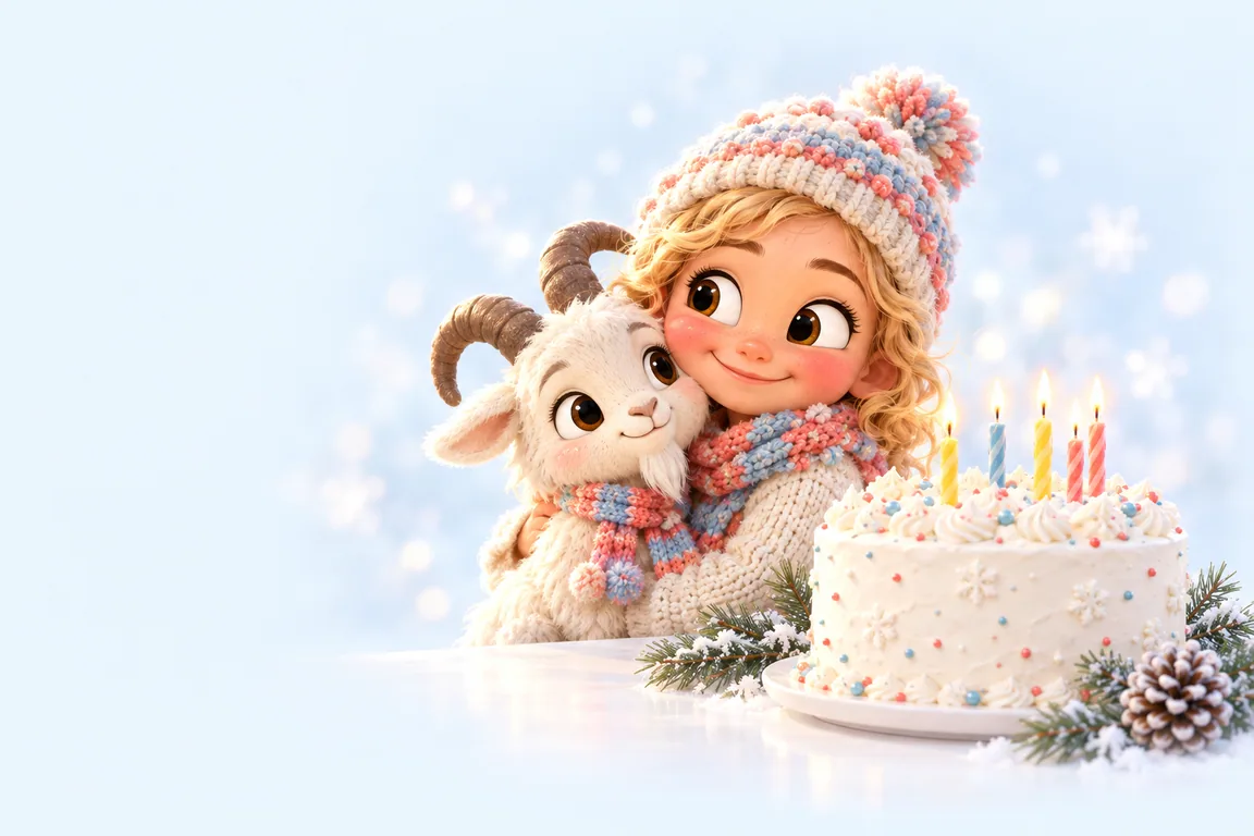 A girl in a bobble hat cuddling a plush mountain goat beside a snow-white cake
