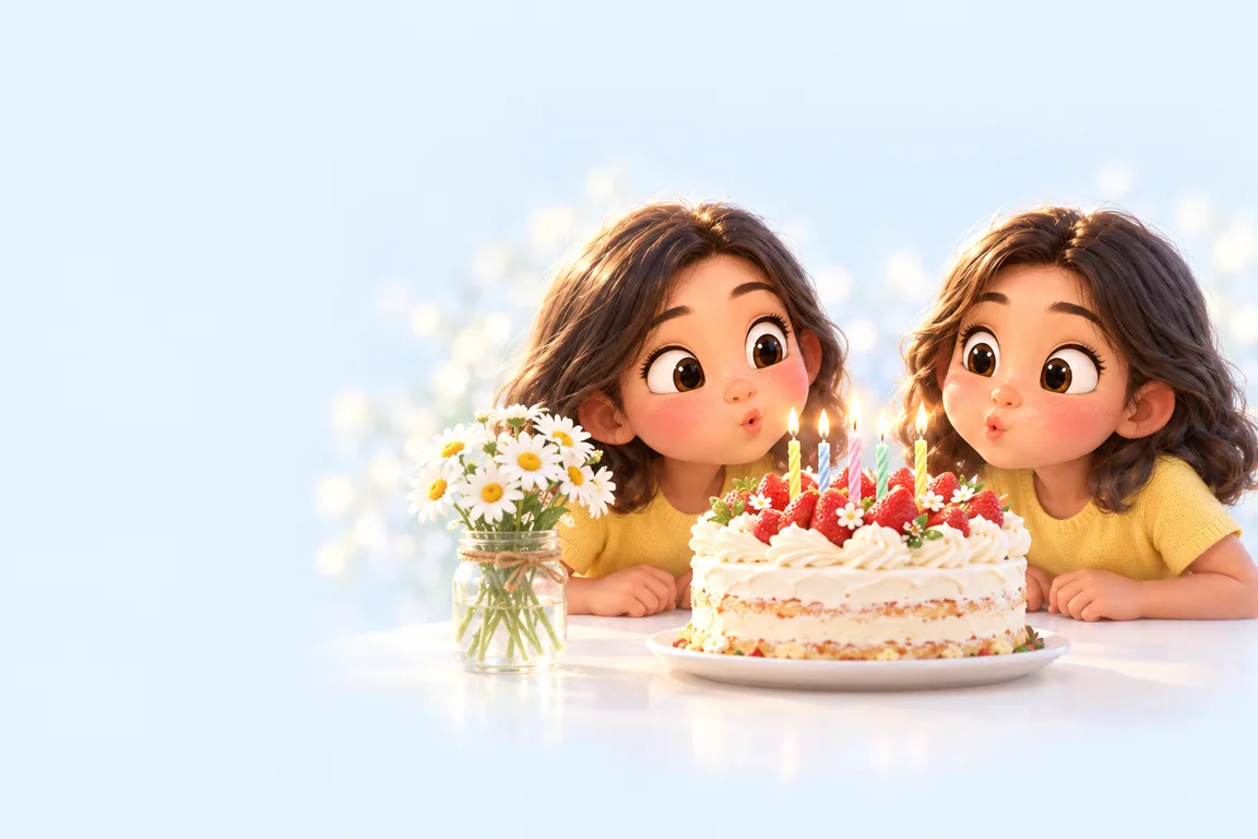 Twin sisters blowing out the candles on one cake from either side