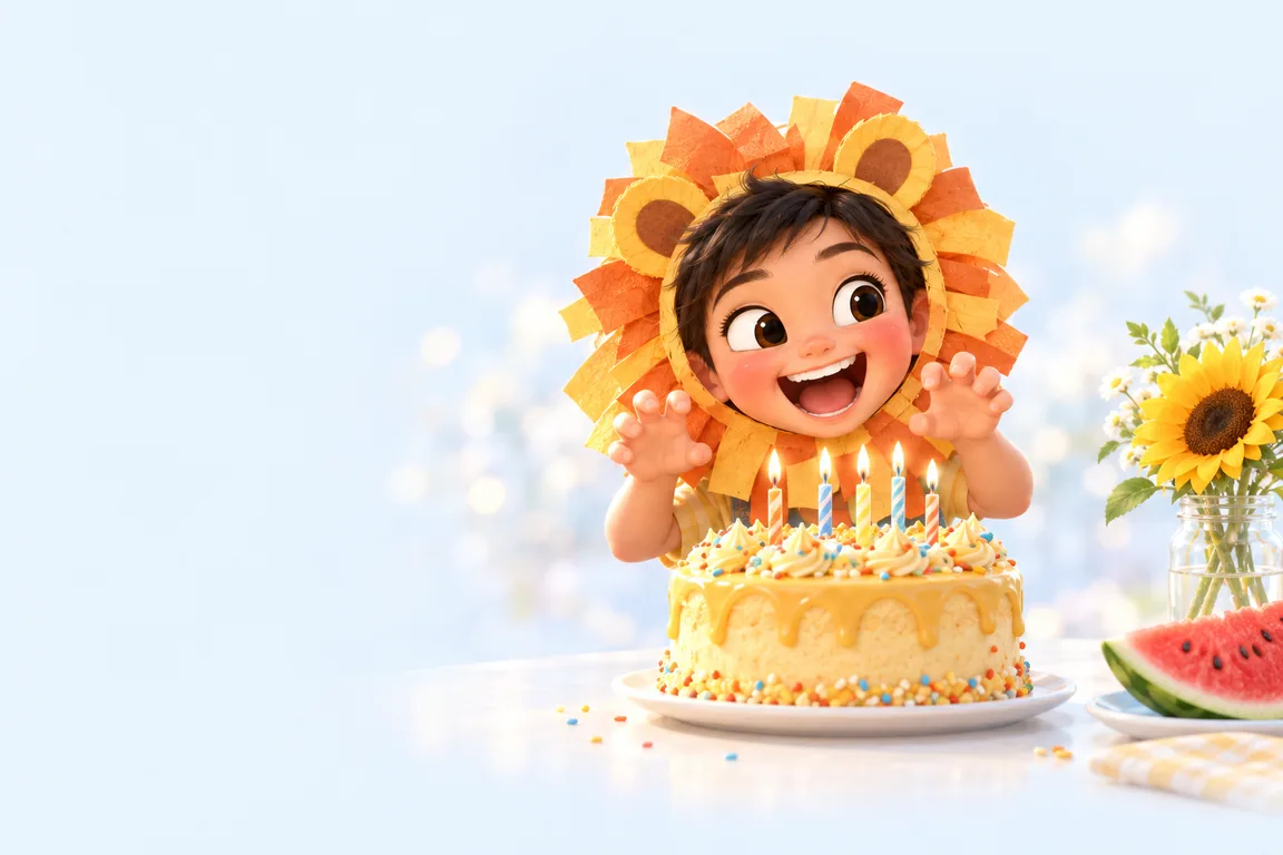 A boy in a paper lion mane roaring over a golden birthday cake