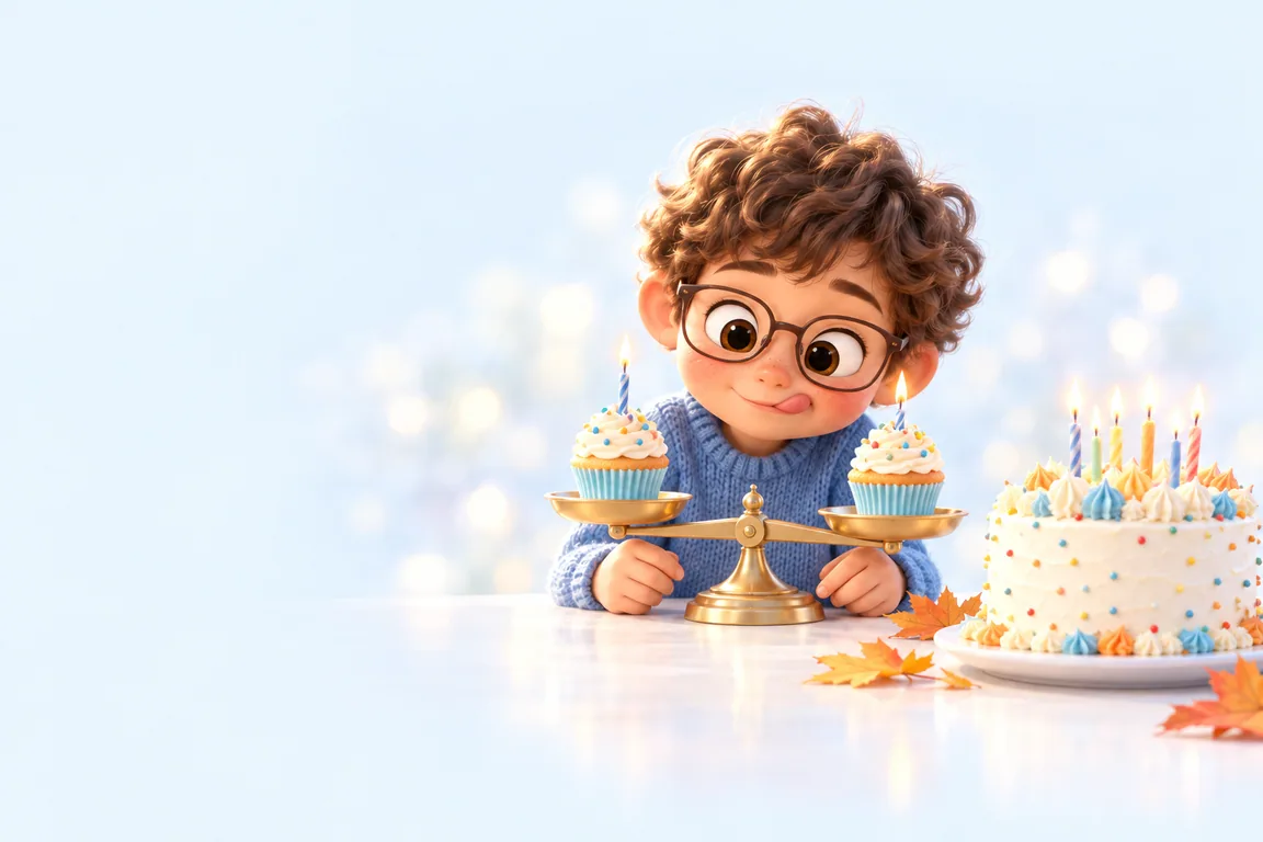 A boy balancing two cupcakes on a toy scale beside a birthday cake