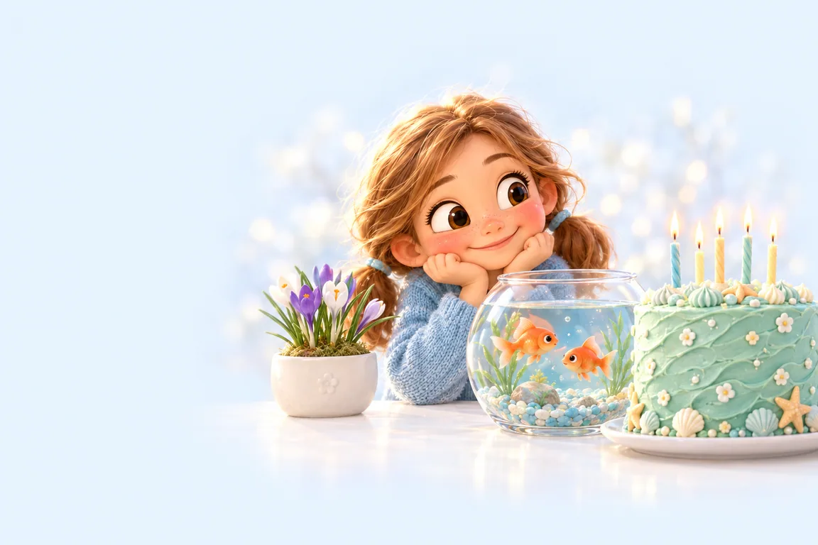 A girl watching two goldfish in a bowl beside a sea-green birthday cake