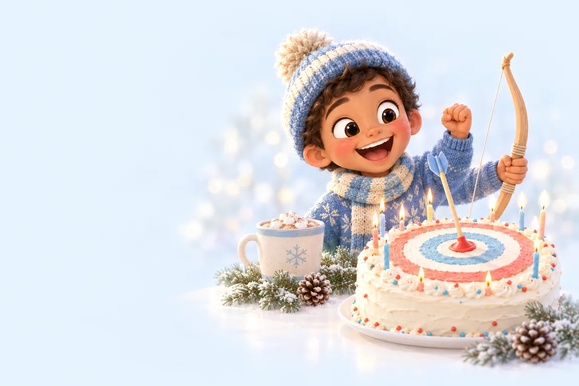 A boy cheering as his toy arrow lands in a cake frosted like a target